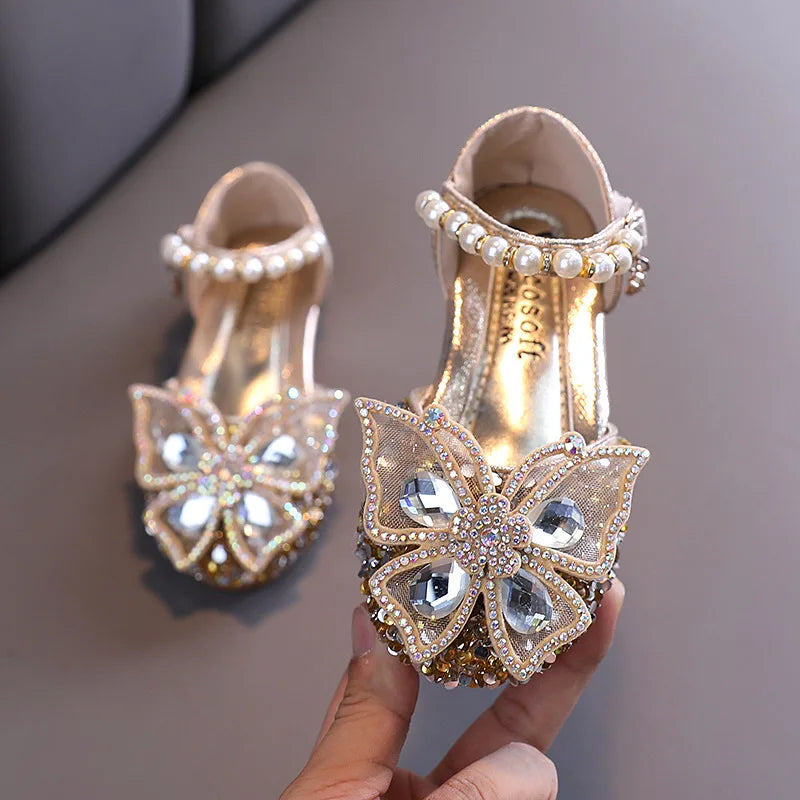 New Children's Party Wedding Children Shoes Sequin Lace Bow Kids Shoes Cute Pearl Princess Dance Single Casual Girls Shoe