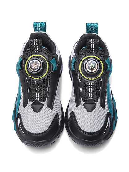 Boys' New Trendy Color-Blocked Mesh Sneakers with Knob Buckle, Dad Shoe Style Breathable Children's Shoes, Spring and Autumn Campus Outdoor Non-Slip Running Shoes, Casual Sports Trendy Shoes