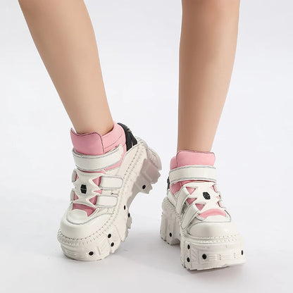 Woman Sneakers New Punk Style Women Shoes Gothic Ankle Rock Boots Lace-up Heel Height Platform Shoes Woman Metal Decor