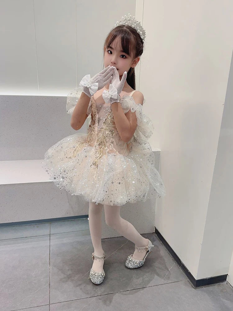 Girls' high-heeled princess shoes model catwalk show silver children's dress shoes shiny stage crystal sandals