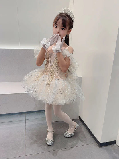 Girls' high-heeled princess shoes model catwalk show silver children's dress shoes shiny stage crystal sandals