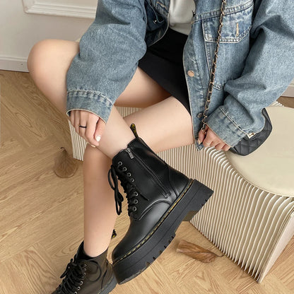 Women's Boots New Genuine Leather Ankle Shoes Chelsea Botas Ladies Classic Punk Platform Shoes Women Casual High Heels Boots