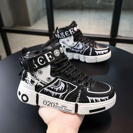 Boys' high-top sneakers Autumn new style children's sports shoes Buckle student soft-soled fleece casual shoes