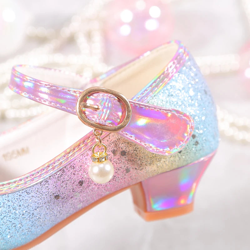 YUNICUS Girls High Heels Princess Shoes Students Children's Single Shoes Little Girl Performance Sequins Glitter Leather Shoes