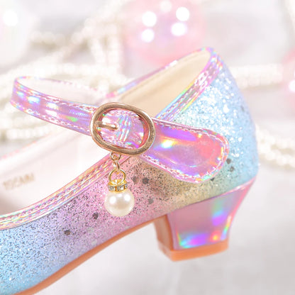 YUNICUS Girls High Heels Princess Shoes Students Children's Single Shoes Little Girl Performance Sequins Glitter Leather Shoes