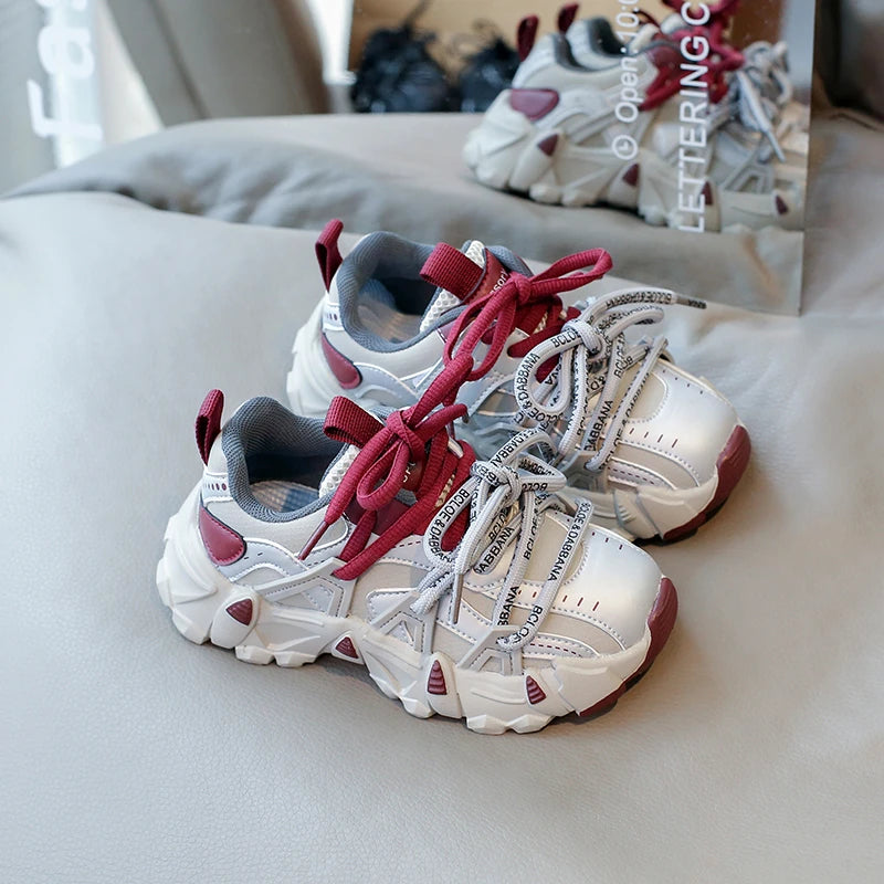 Children's Sneakers Four Seasons Leather Boys Girls Single Shoes Black Soft Bottom Non-slip Kids Running Shoes