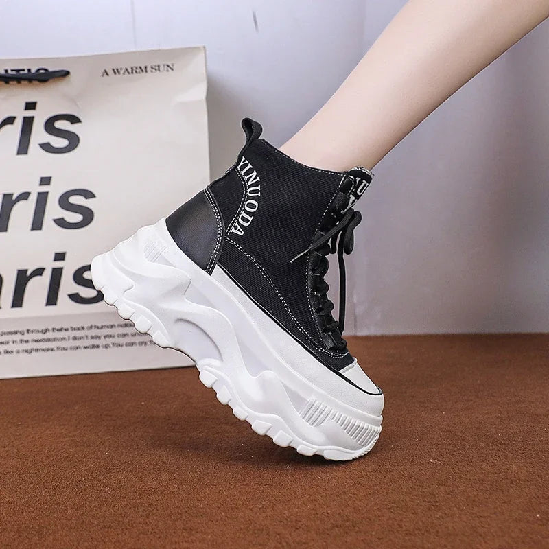 Women Sneakers High Top Platform Breathable Leather Shoes Autumn Ladies Wedges Casual Shoes For Woman Sports Dad Shoes 8CM