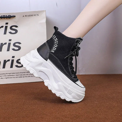 Women Sneakers High Top Platform Breathable Leather Shoes Autumn Ladies Wedges Casual Shoes For Woman Sports Dad Shoes 8CM
