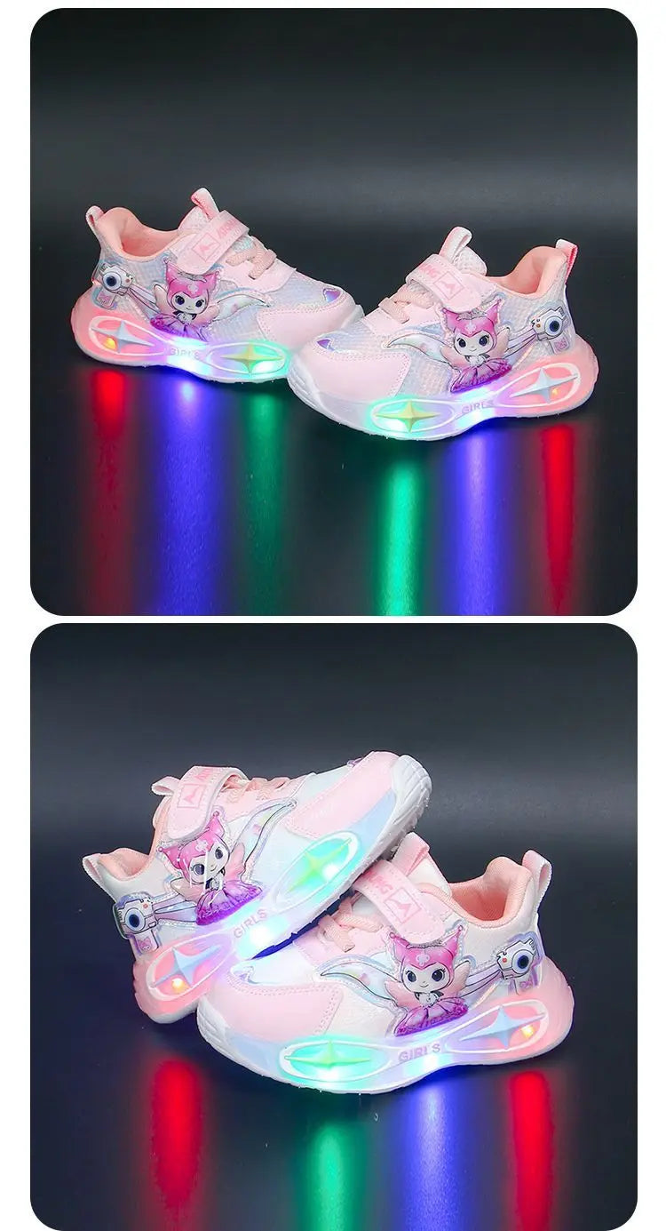 Sanrio Kuromi Girls Light Up Sneakers New Waterproof Leather Princess Running Casual Sports Shoes with Cotton Lined for Kids