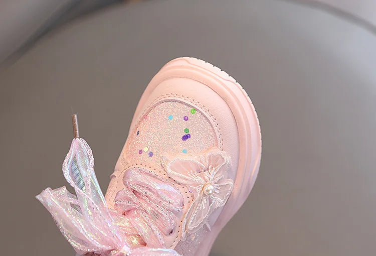 Baby Girl's Casual Sneakers for Spring Fall Shiny Sequins & Bow Ribbon Decor Sports Shoes Kids Skate Shoes
