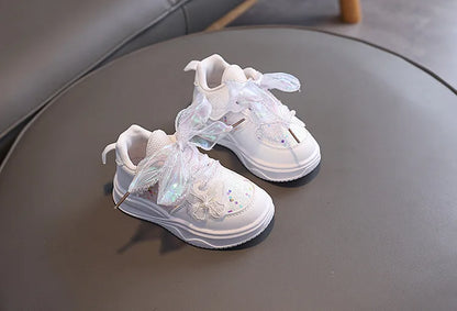 Baby Girl's Casual Sneakers for Spring Fall Shiny Sequins & Bow Ribbon Decor Sports Shoes Kids Skate Shoes