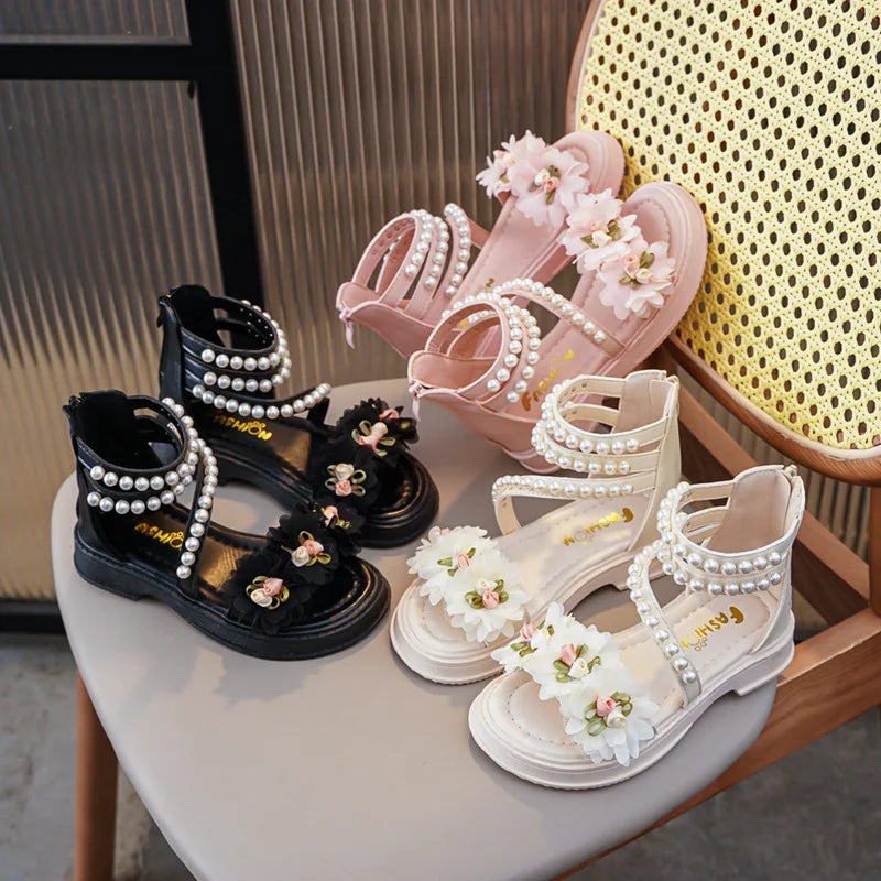 Children's Sandals Summer Bowtie Princess Shoes for Girls Fashion Sweet Kids Causal Pearl Roman Sandals Solid Color Hook Loop