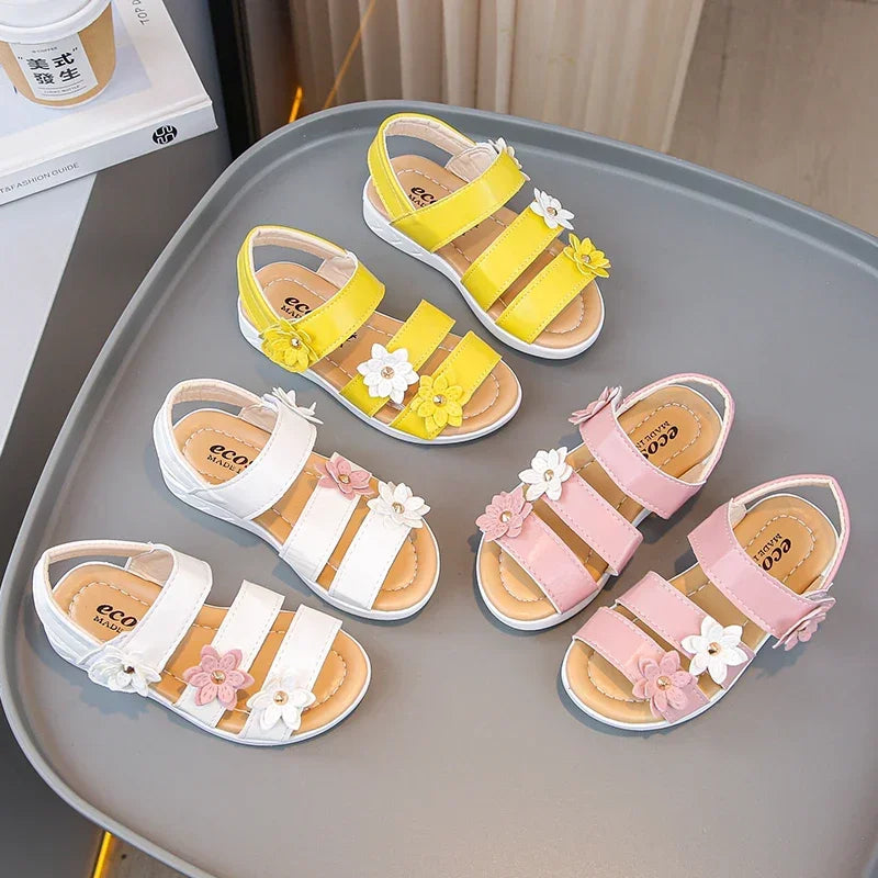 Children's Summer Sandals Sweet Chic Floral Sandals for Pretty Girls Fashion Princess Versatile Kids Wedding Party Flat Sandals