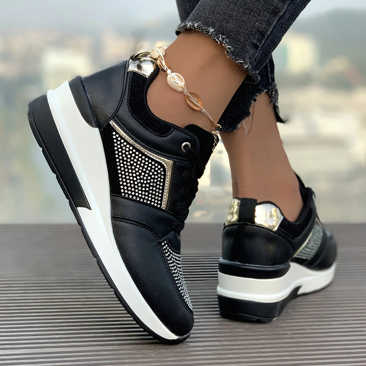 New Women's Sneakers Luxury Rhinestone Casual Shoes for Women Comfortable Platform Wedge Shoes Fashion Breathable Running Shoes