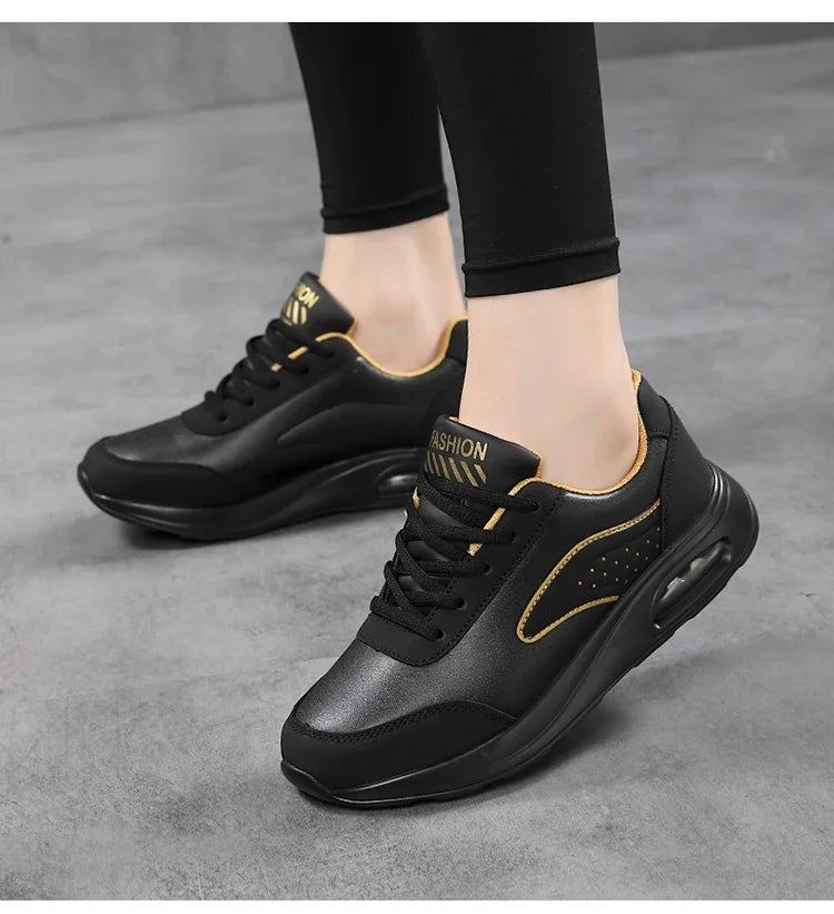 New Women's Fashionable Sneakers Leather Women's Casual Shoes Lace Up Flat Shoes Ladies Lightweight Fitness Walking Shoes
