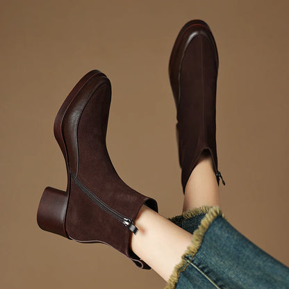 New Women's Short Boots Genuine Leather Retro Chunky Heel High Heel Boots Female Large Size Pointed Toe Women Ankle Boots