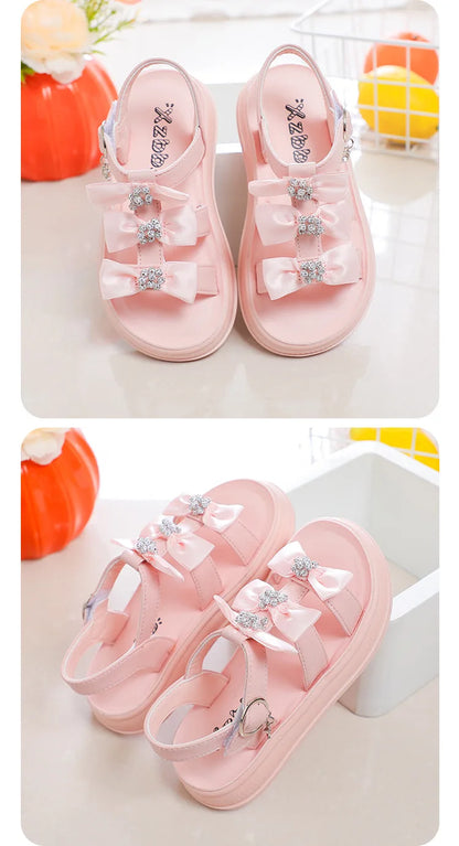 Girls Sandals with Sweet Bows Soft Sole Kids Beach Shoes Versatile 2025 Summer New Children Princess Shoes Casual Non-slip Cute