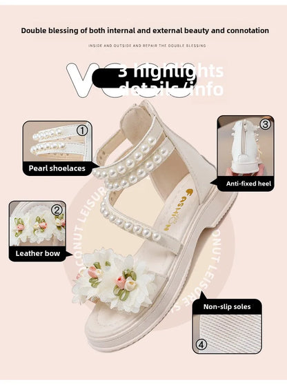 Children's Sandals Summer Bowtie Princess Shoes for Girls Fashion Sweet Kids Causal Pearl Roman Sandals Solid Color Hook Loop
