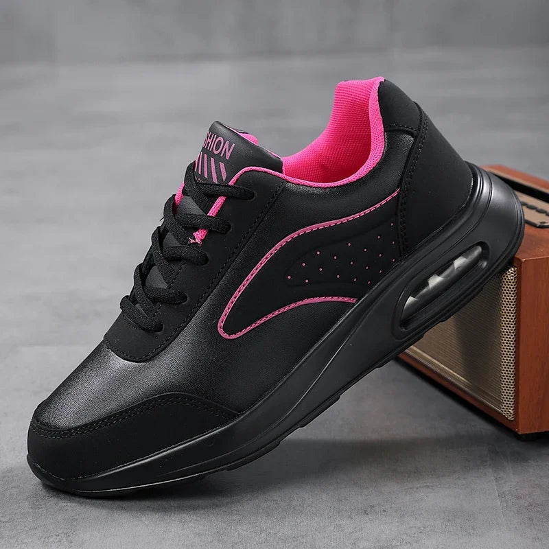 New Women's Fashionable Sneakers Leather Women's Casual Shoes Lace Up Flat Shoes Ladies Lightweight Fitness Walking Shoes