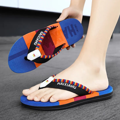 Men Slides Cloth Tape Woven Color Matching Stripe Wear-resistant Slippers (Available)