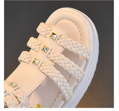 Kids Summer Sandals for Girls 2025 New Versatile Korean Style PU Soft Non-slip Flat Casual Weave Gladiator Sandals Princess Soft
