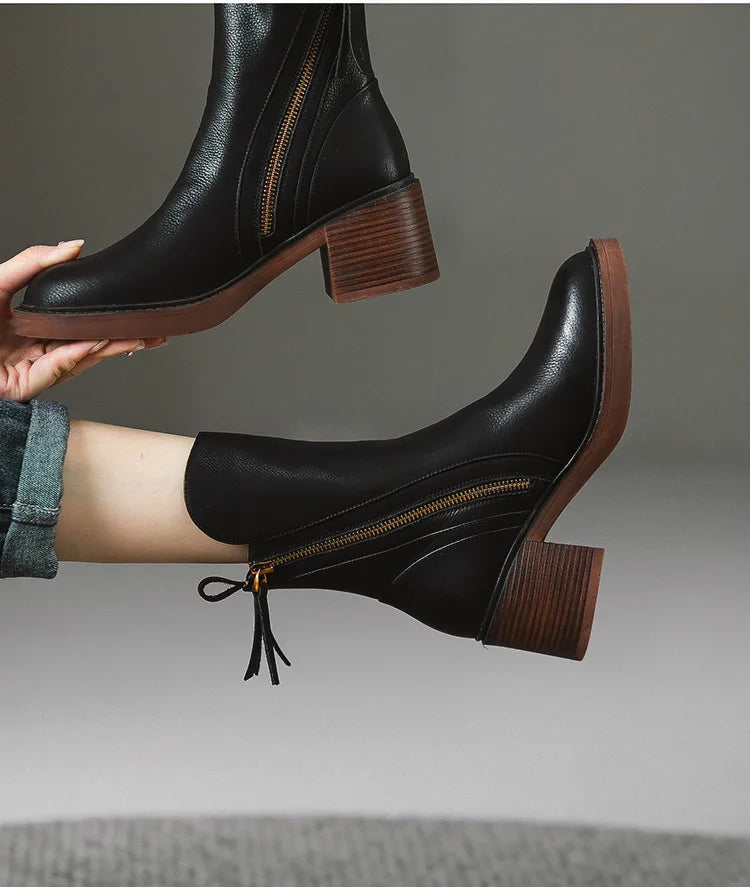 Women's Boots Spring and Autumn New Chelsea Boots Thick Heel Brown Short Leather Shoes for Women High Heels platform shoes