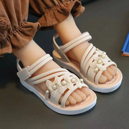 Chic Toddler Girls' Flower Adorned Open Toe Sandals - Comfy, Non-Slip Sole with Easy Hook and Loop Closure for Casual Wear