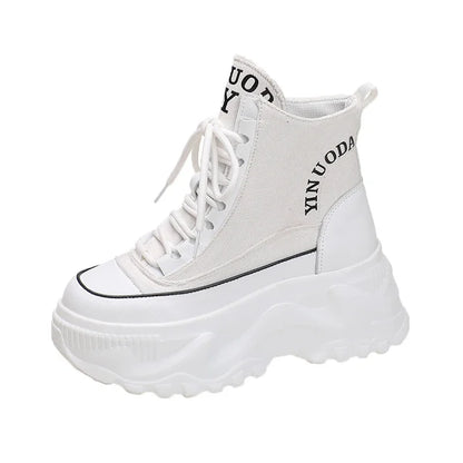 Women Sneakers High Top Platform Breathable Leather Shoes Autumn Ladies Wedges Casual Shoes For Woman Sports Dad Shoes 8CM