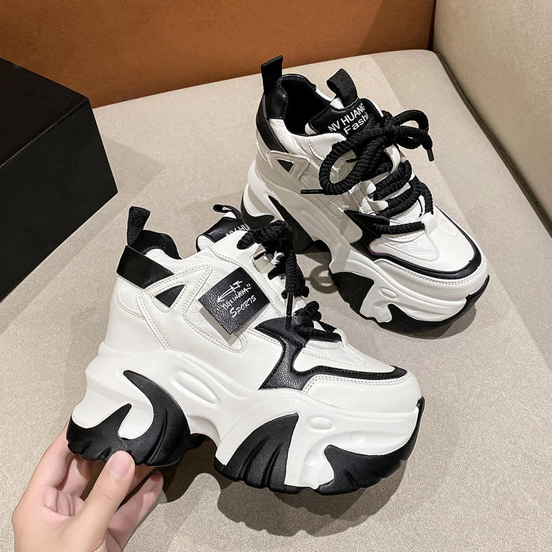 Women Walking Sneakers 2025 Spring Lace-up High Platform Chunky Shoes Breathable Leather Shoes 10CM Wedge Heels Casual Shoes