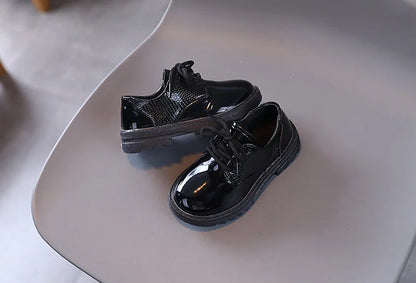 Boys Performance Leather Shoes Spring and Autumn New 2023 Britain Style All-match Black Children's Fashion Black Lace-up Simple
