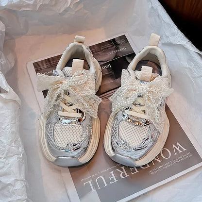 Girls Running Shoes with Sweet Mesh Bow Kids Sports Shoes Breathable New Fashion Children Sneakers Princess Style Cute