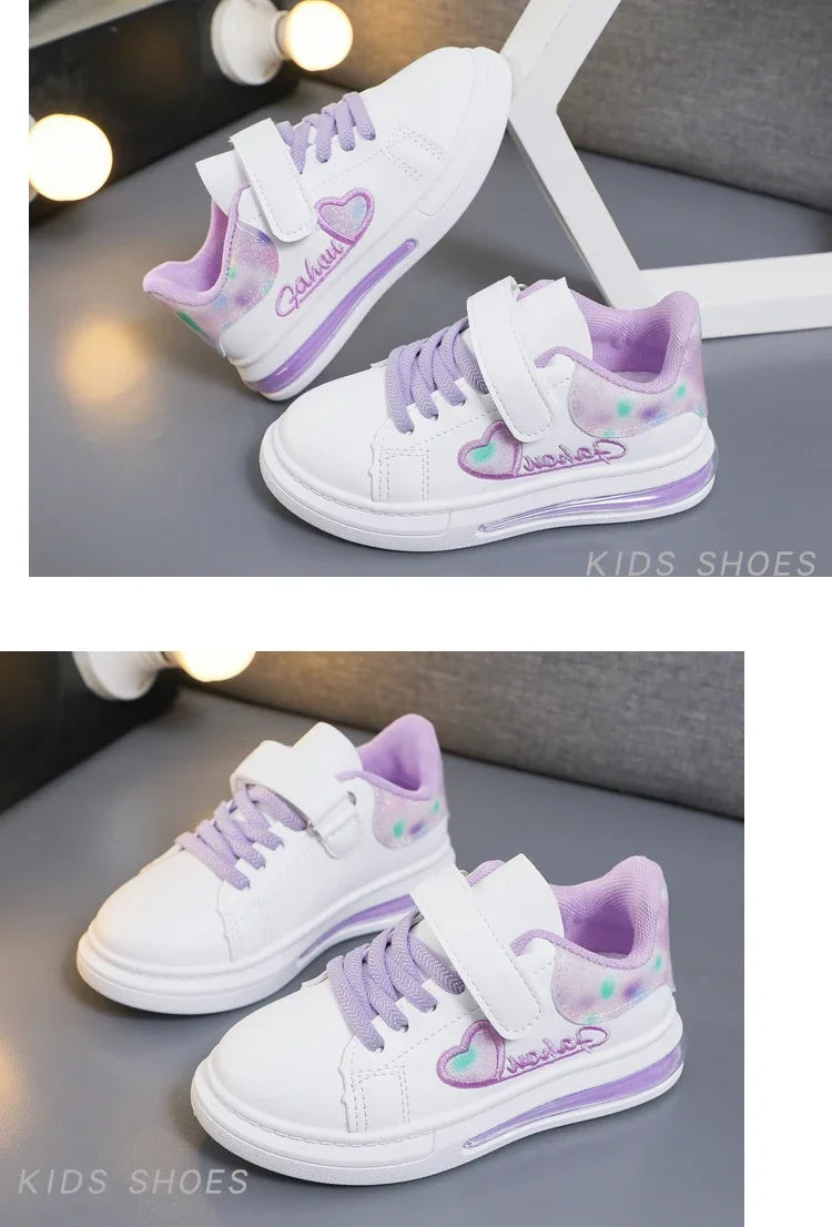 Children's Sneakers 2024 New Girls Love Embroidery Casual Shoes Fashion Leather Kids School Running Sports Shoes Soft Hook Loop
