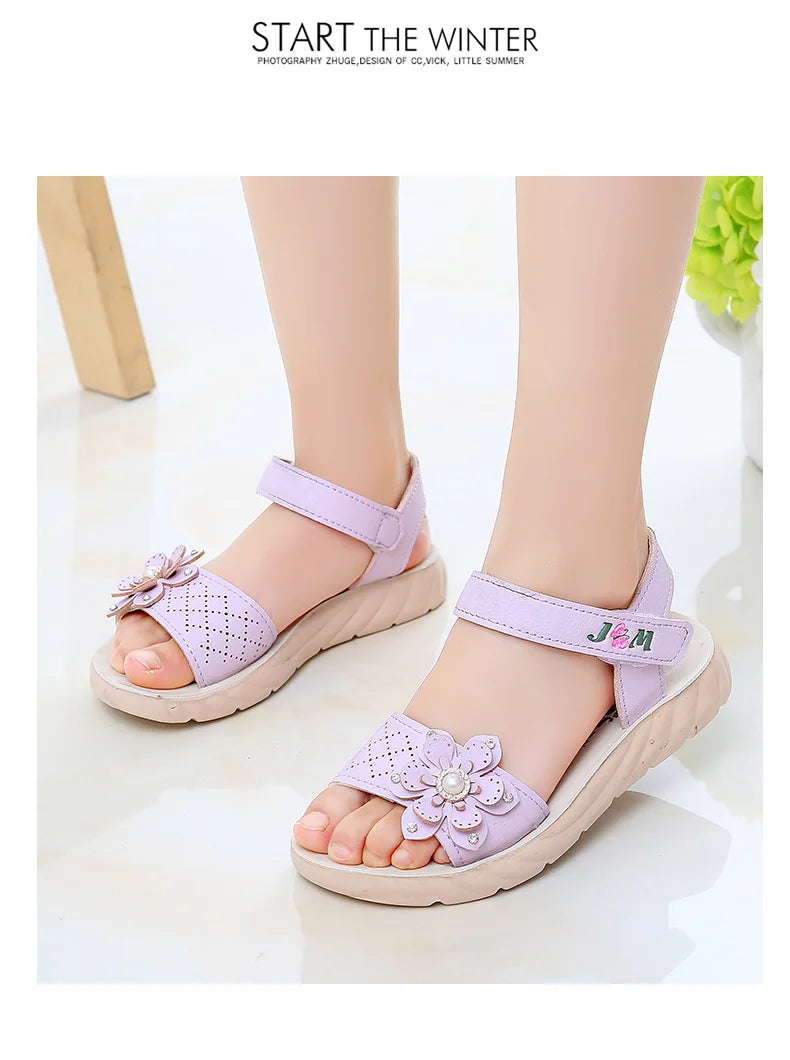Girls Sandals 2023 Summer Children Shoes Soft Soled Non-slip Kids Flower Pearl Beach Shoes Fashion Princess Sandals босоніжки