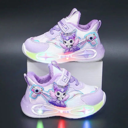 Sanrio Kuromi Girls Light Up Sneakers New Waterproof Leather Princess Running Casual Sports Shoes with Cotton Lined for Kids