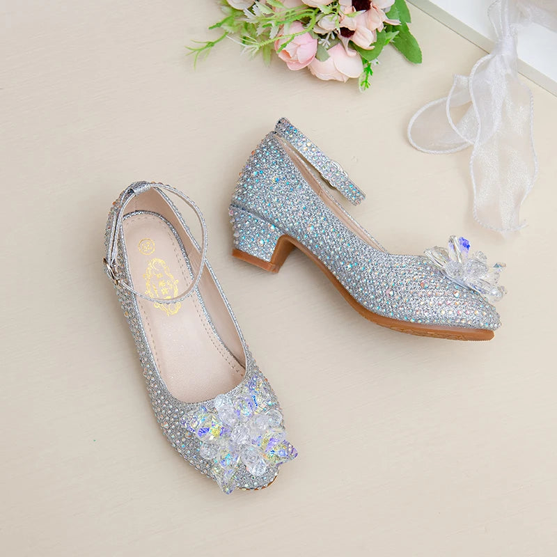 High-heeled Shoes For Girls Spring And Autumn New Little Girl Princess Crystal Shoes Children's Cuhk Shows Soft-soled Shoes