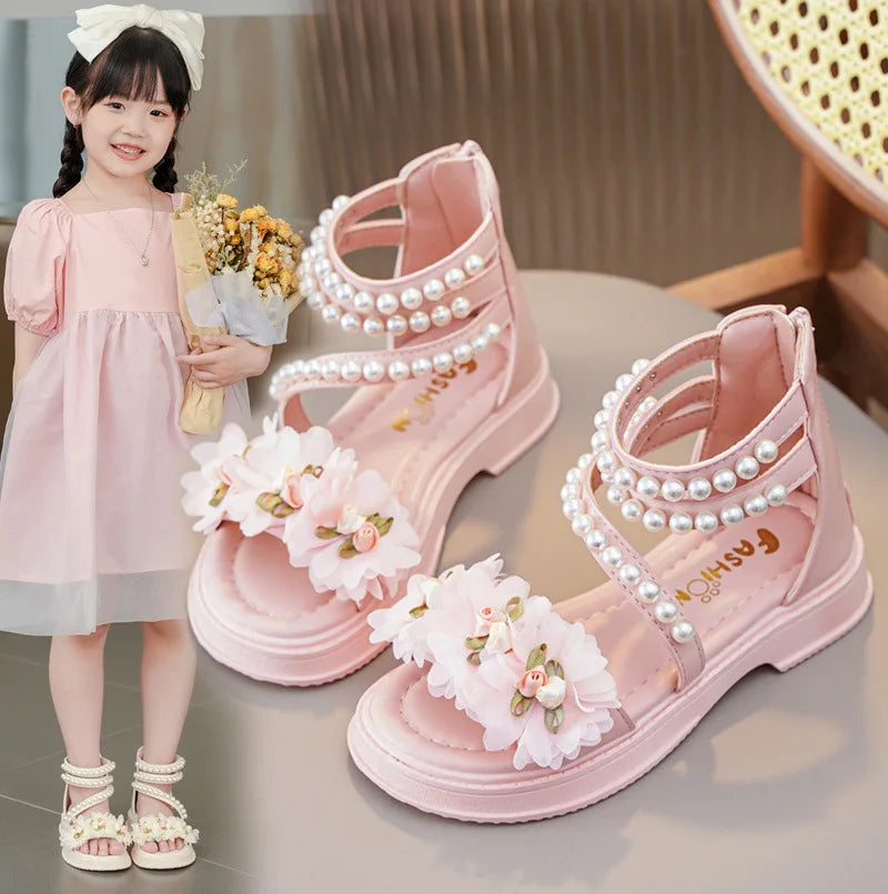 Children's Sandals Summer Bowtie Princess Shoes for Girls Fashion Sweet Kids Causal Pearl Roman Sandals Solid Color Hook Loop