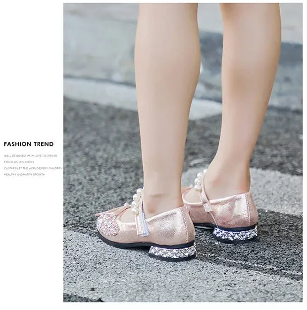 Children's Wedding Shoes Princess Party Girls' Shoes Mary Jane Flats Elastic Shoes Baby Fashion Pearl Diamond Kids Dance Shoes