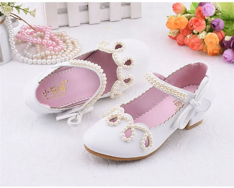 New Princess Kids High Heels Shoes Girls Wedding Dress Party Leather Shoes Children's White Shoes Performance Shoes for Students