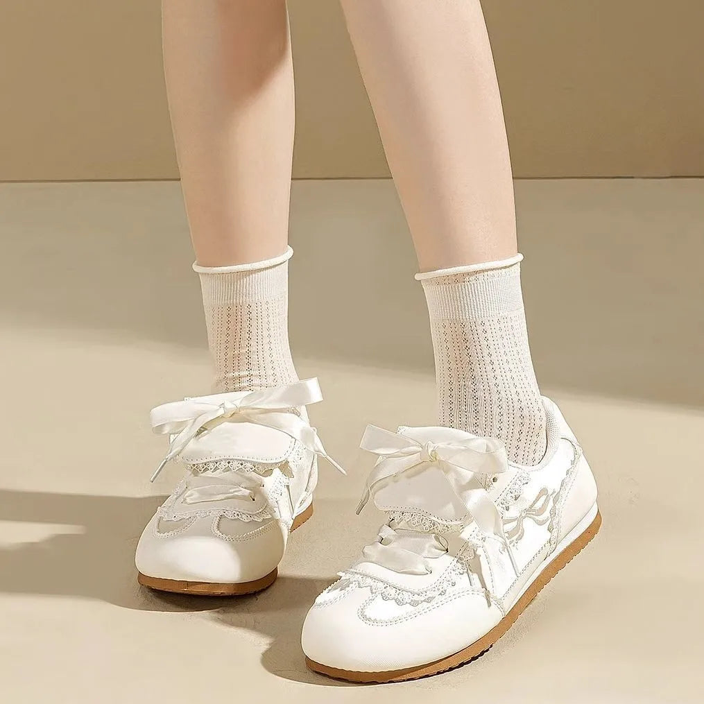 Girly Dopamine Pink Sneakers 2025 Fall New Women's Lightweight Ballet Flats Round Toe Lace Detail White Casual Walking Shoes