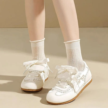 Girly Dopamine Pink Sneakers 2025 Fall New Women's Lightweight Ballet Flats Round Toe Lace Detail White Casual Walking Shoes