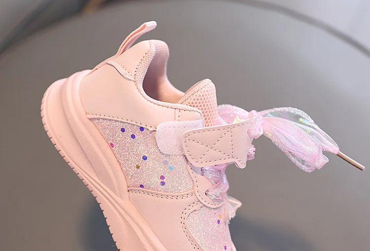 Baby Girl's Casual Sneakers for Spring Fall Shiny Sequins & Bow Ribbon Decor Sports Shoes Kids Skate Shoes