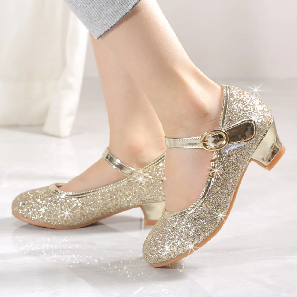 Fairy Girl High Heels Princess Shoes Halloween Cosplay Kids Shiny Sofia Cinderella Aurora Rapunzel Party Dress Up Leather Shoe