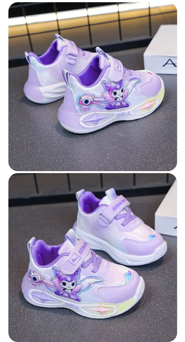 Sanrio Kuromi Girls Light Up Sneakers New Waterproof Leather Princess Running Casual Sports Shoes with Cotton Lined for Kids