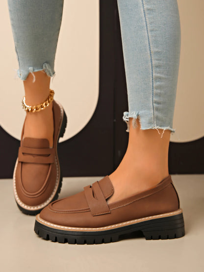 New Black/Brown Solid Color Thick-Soled Loafers Women's Platform Slip-On Shoes Retro Versatile Small Leather Shoes for Commuting