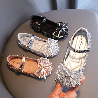 Girl's Princess Shoes Crystal Sequins Bowtie Party Glitter Children Mary Janes Three Colors Wedding Shallow Chic Kids Shoe 26-36