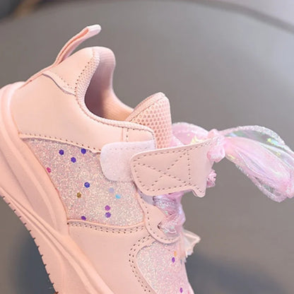 Baby Girl's Casual Sneakers for Spring Fall Shiny Sequins & Bow Ribbon Decor Sports Shoes Kids Skate Shoes