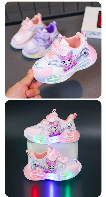 Sanrio Kuromi Girls Light Up Sneakers New Waterproof Leather Princess Running Casual Sports Shoes with Cotton Lined for Kids