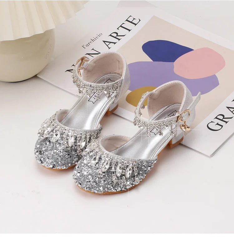 Girls' high-heeled princess shoes model catwalk show silver children's dress shoes shiny stage crystal sandals