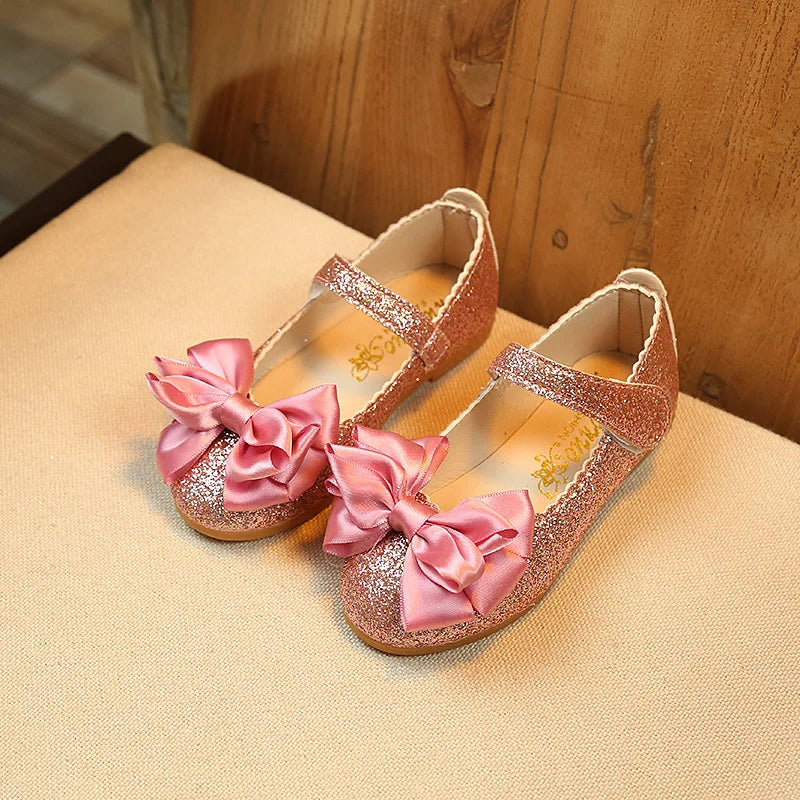 Glitter with Bow-knot Princess Sweet Bling Dress Shoes for Dance Party Girls Leather Shoes for Toddlers Kids Big Children Flats