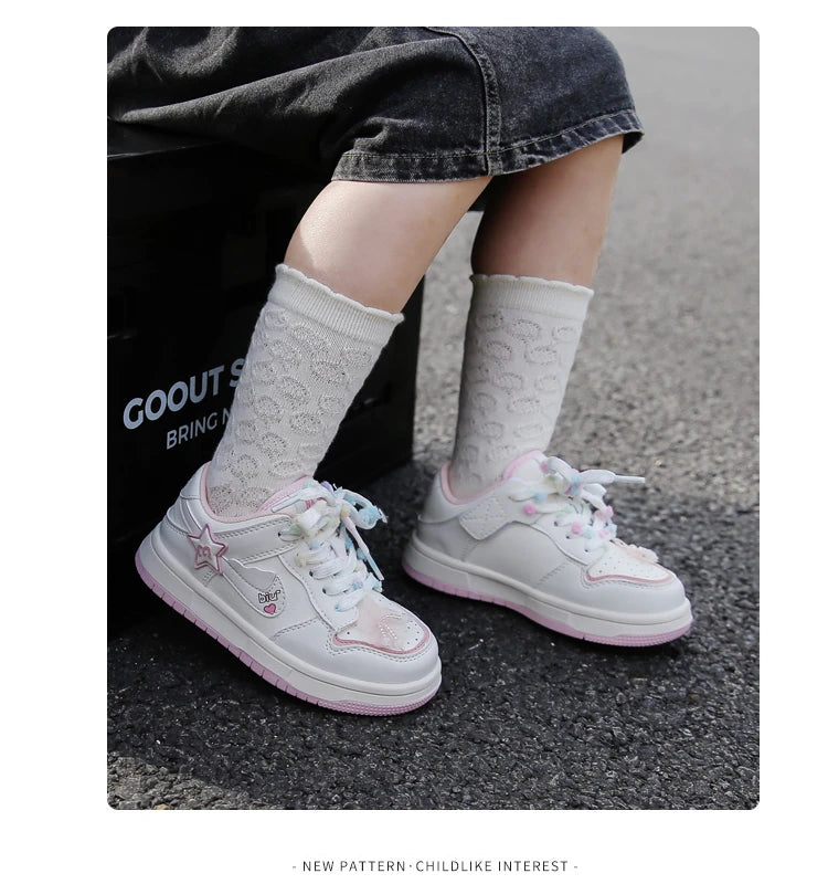 Girls' white sneakers autumn New leather breathable casual shoes, girls' soft-soled sports shoes and running shoes